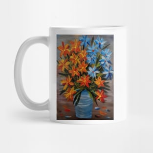 some abstract orchids in red and yellow and. Blue and white and I love the vase in glass and metallic finish on it Mug